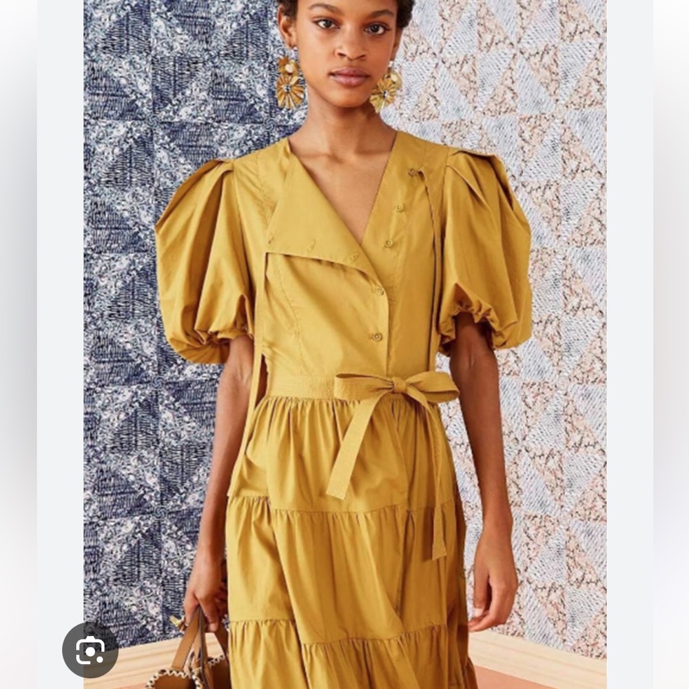 Ulla Johnson Agathe Mustard Midi Dress with Puff Sleeves 10